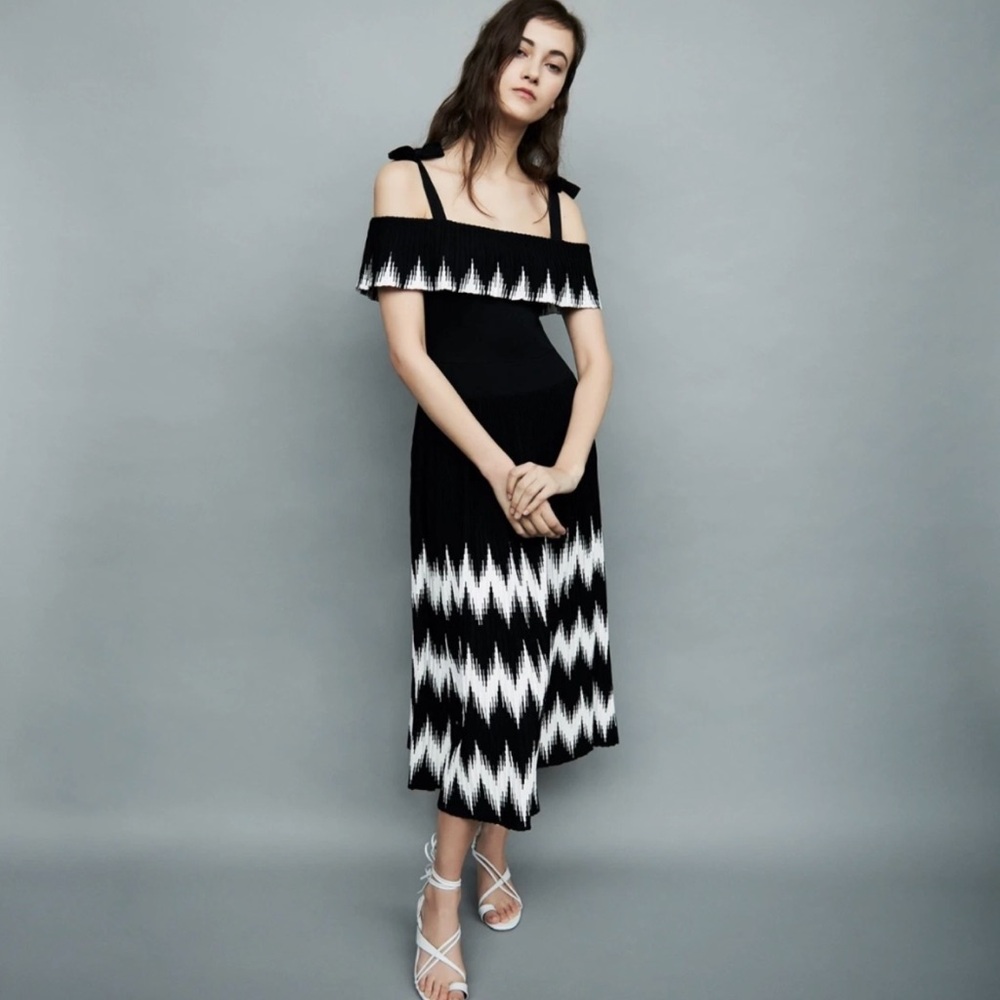 Maje Rosier Black & White Zigzag Midi Dress Long Off Shoulder Black Knit T3 LRG